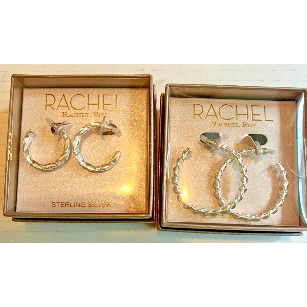 Rachel Roy Sterling Silver Hoop Earrings Set – 2 Pairs Twisted & Textured Hoops